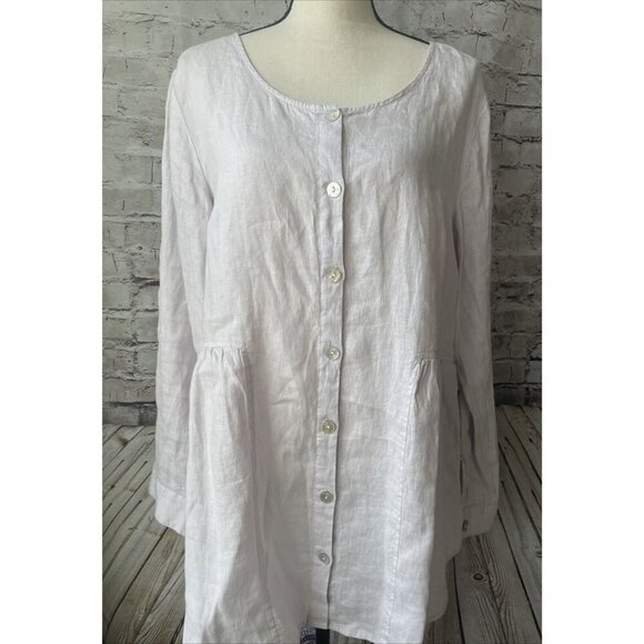 Sigrid Olsen 100% Linen Womens M Lavender Blouse Tunic Button Down Lagenlook - Picture 1 of 6